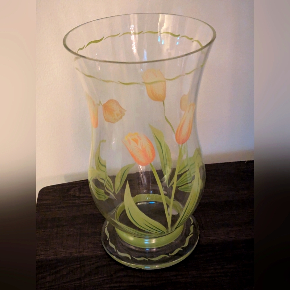 Princess House Crystal Hurricane Hand painted Tulips Design With The Box